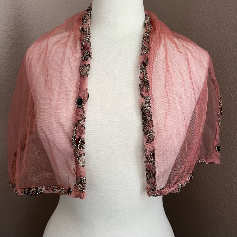 Vintage Sheer Pink Beaded Mesh Shawl – Hand Embroidered – 38” x 11” – Boho